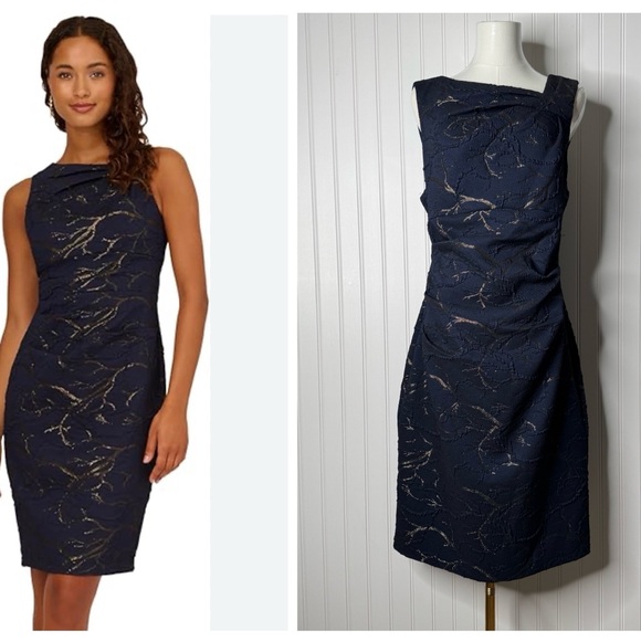 Adrianna Papell Women's Fitted Metallic Strech Mid-Length Dress Navy/Gold Sz 14 - Picture 2 of 9
